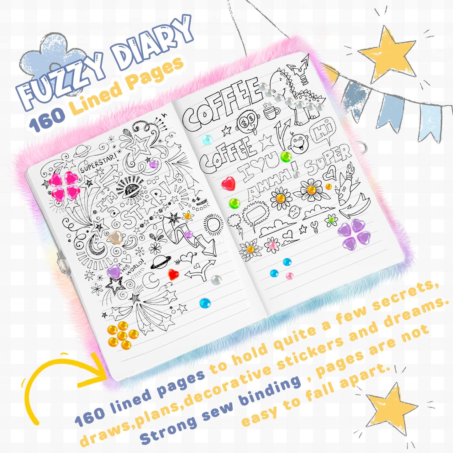 Homicozy Bear Diary For Girls With Lock And Keys, Kids Journal School Travel Notebook Gift Set For Writing And Drawing,Plush Secret Diary With Multicolored Pen Stickers Purse Keychain
