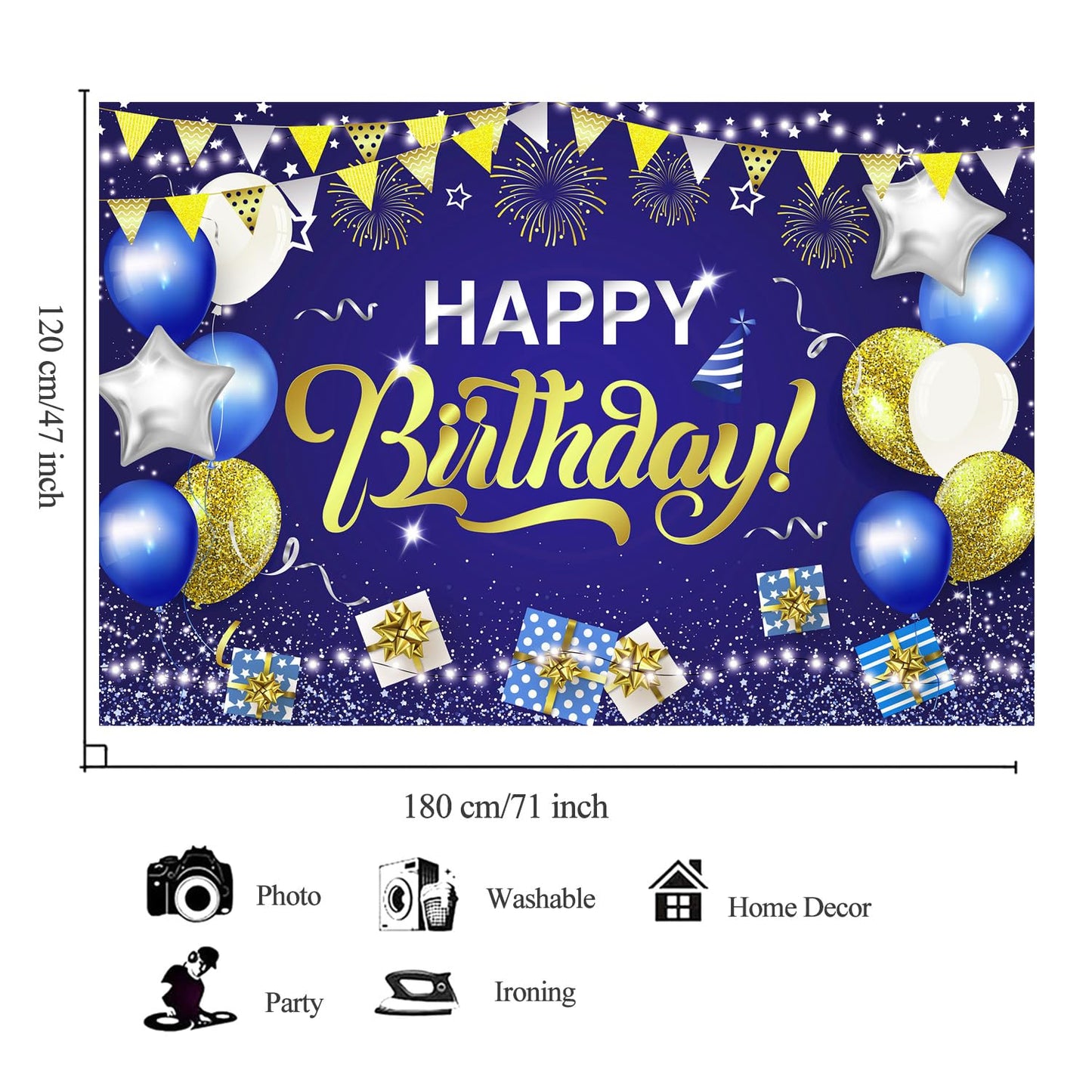 YinQin 180x120 cm Royal Navy Blue Gold Happy Birthday Backdrops Cloth 71x47 inch Birthday Photography Background Glitter Navy Bl