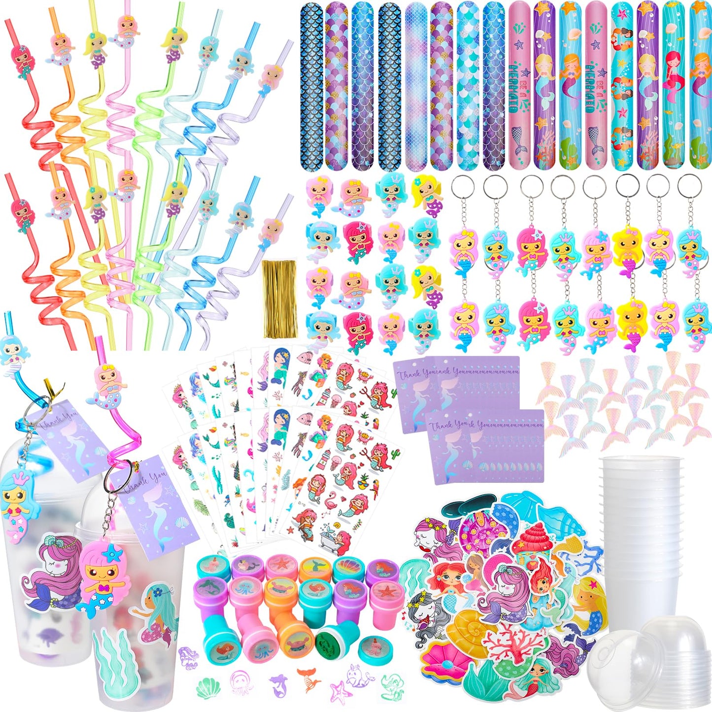 Qilery 195 Pcs Mermaid Party Favors Bags Birthday Includes Plastic Cup with Lid Straw Keychain Bracelet Ring Stamper Stickers Ta