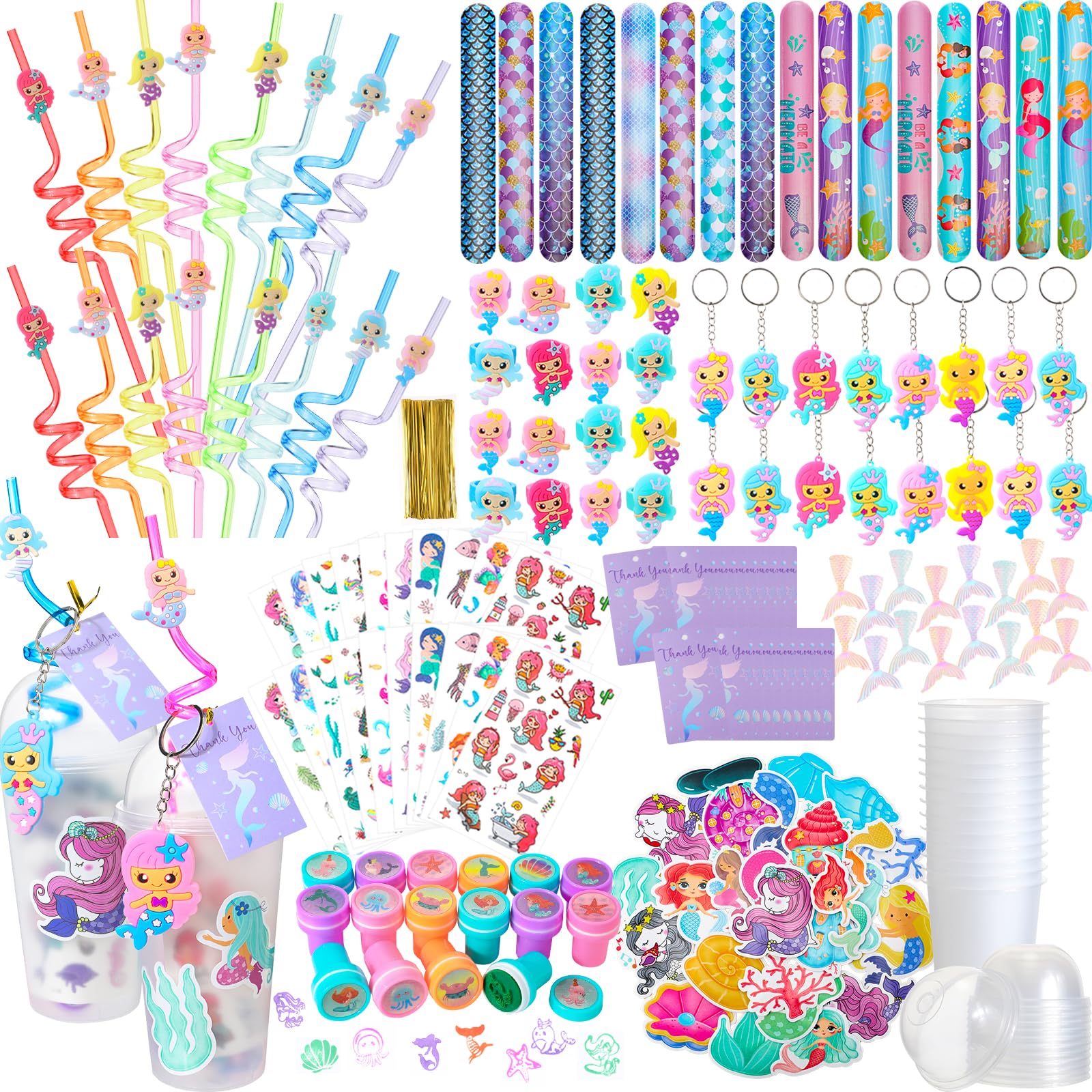 Qilery 195 Pcs Mermaid Party Favors Bags Birthday Includes Plastic Cup with Lid Straw Keychain Bracelet Ring Stamper Stickers Ta