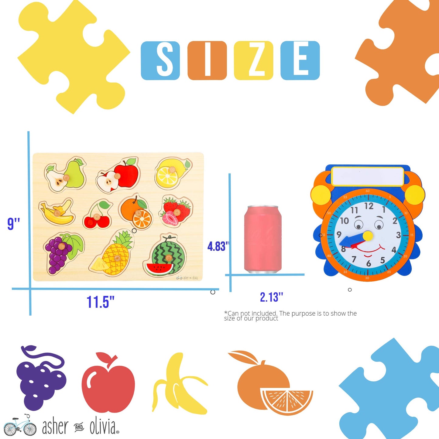 Asher and Olivia Premium Puzzles Set - 7 Pack with Learning Clock, Wood, Includes Alphabet, Numbers, Shapes, Animals, Cars, Fruits