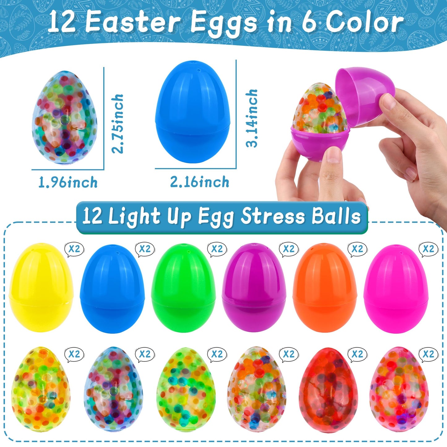 12 Pack Easter Egg Fillers With 12 Light Up Egg Shaped Fidget Stress Balls, Squeeze Stress Relief Toys Filled Easter Eggs Hunts