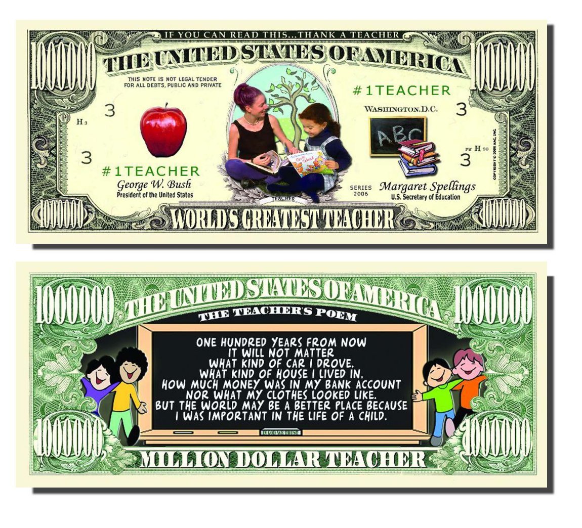 AAC / PCSCP Set of 10 World's Greatest Teacher Million Dollar Bills with Bonus Bill