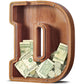Customized Name Large Wooden Piggy Bank For Kids Boys Girls Alphabets Letter A-Z Coins Bills Money Change Bank Box Initial On Clear Cover (Laser Engraved) (Alphabet-D, Initial-12)