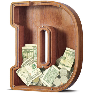 Customized Name Large Wooden Piggy Bank For Kids Boys Girls Alphabets Letter A-Z Coins Bills Money Change Bank Box Initial On Clear Cover (Laser Engraved) (Alphabet-D, Initial-12)