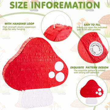 Lewtemi Mushroom Piñata 3D Mushroom Shaped Piñata Mushroom Party Favor With Blindfold Bat Confetti For Forest Jungle Fairy Theme Woodland Birthday Party Baby Shower Garden Decor, 14.9 X 14.1 X 2.95'