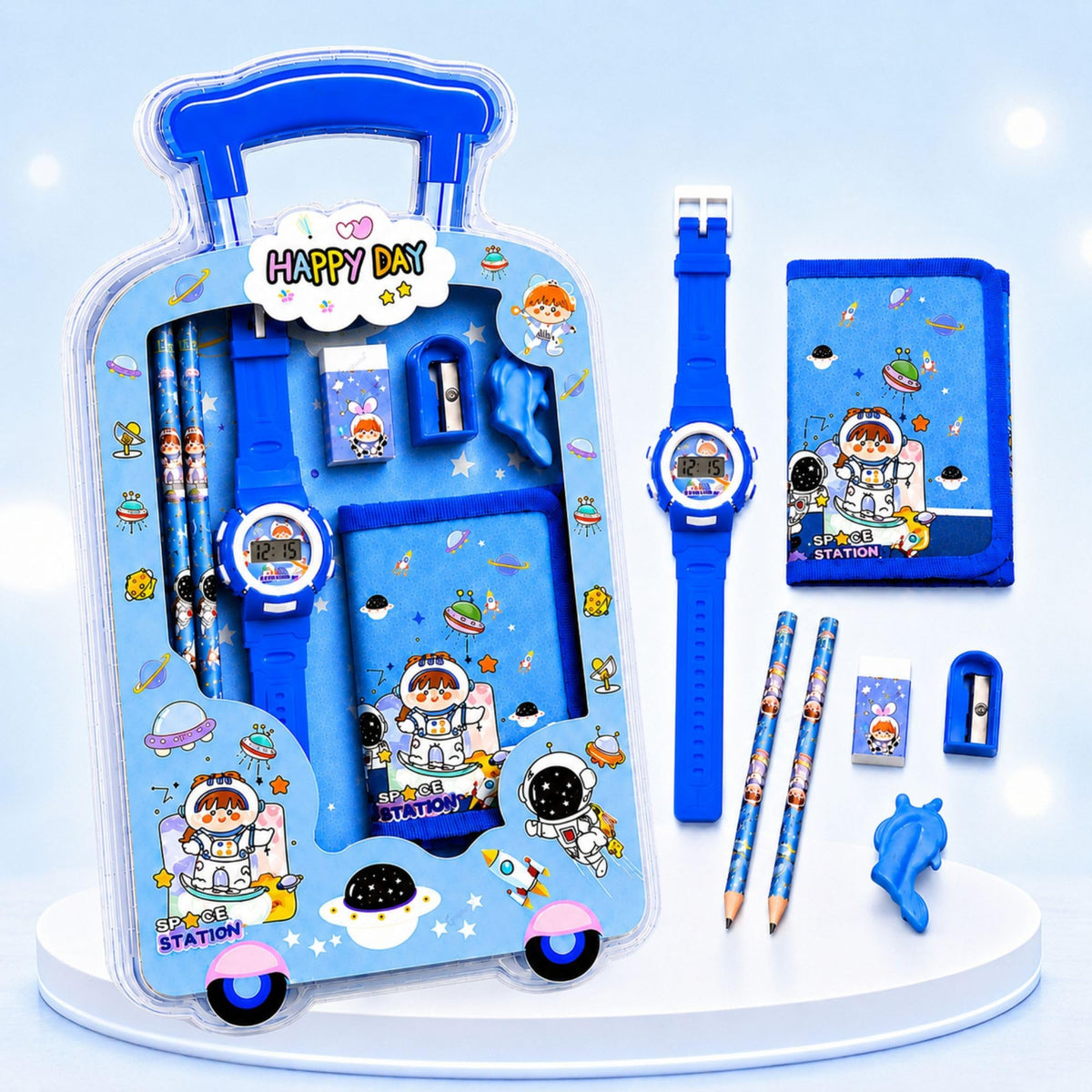 Graphene 7 Pcs Kids Stationery Gift Set For Boys & Girls Multi Theme School Supplies Kit With Simple Wrist Watch Pencil Sharpene