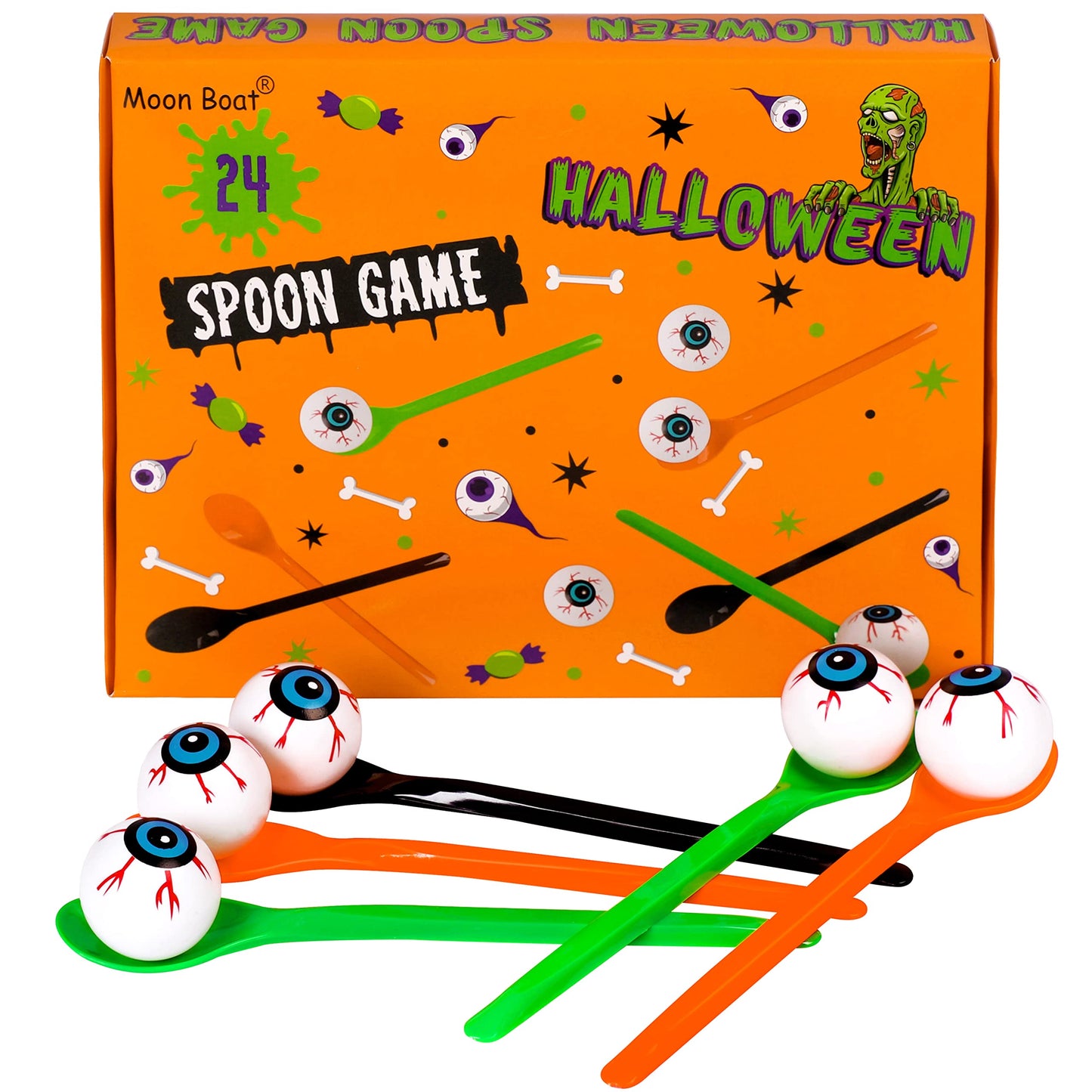 Moon Boat 24 Packs Halloween Eyeball Spoon Relay Race Toy Set - Indoor/Outdoor Party Supplies, Black, Melamine