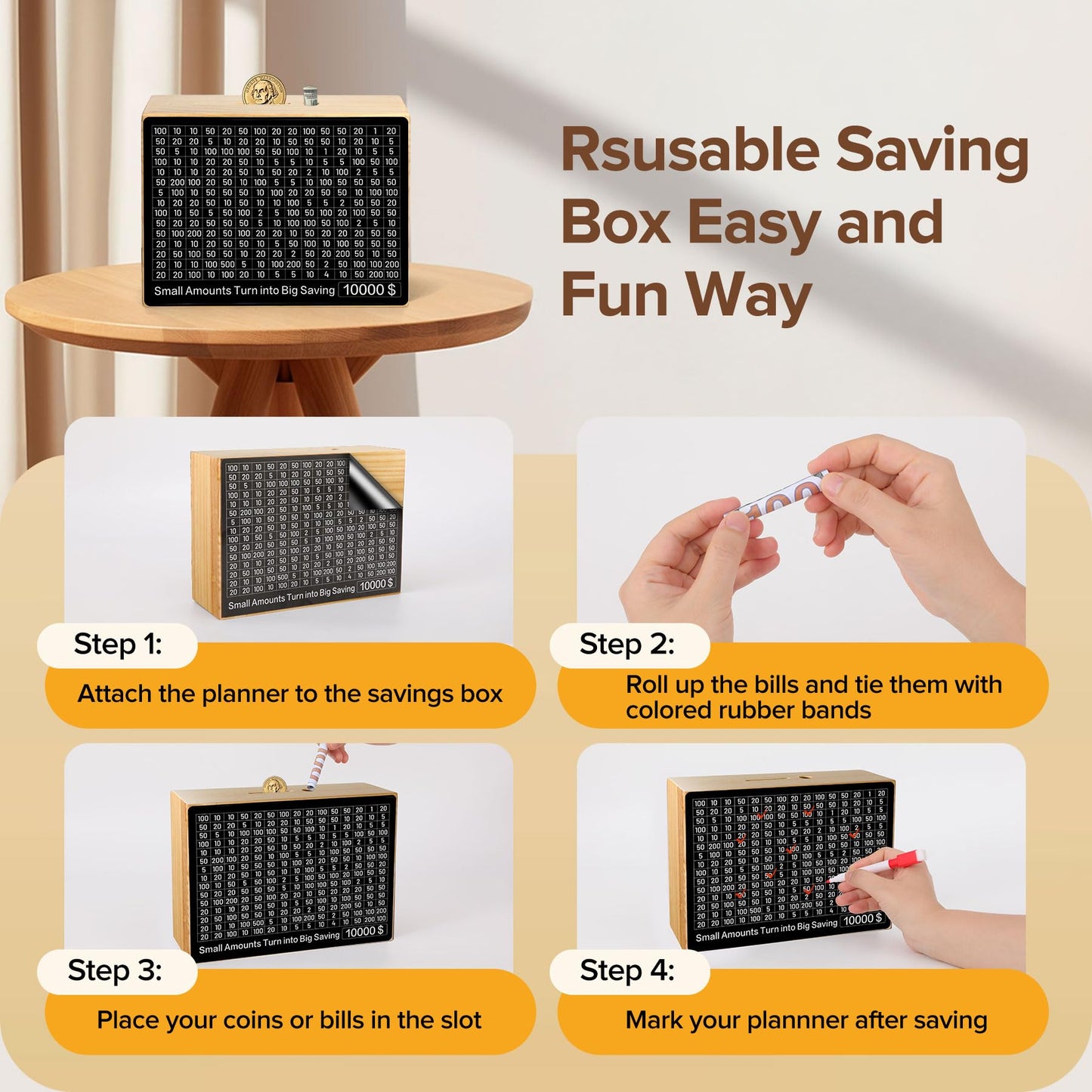 Wooden Money Saving Box 10000 Savings Challenge Box With 8 Targets $500-$10K Cash Vault Wooden Savings Box Piggy Bank For Kids Reusable Coin Bank With Dry Erase Pen/Savings Trackers/Rubber Band-Black