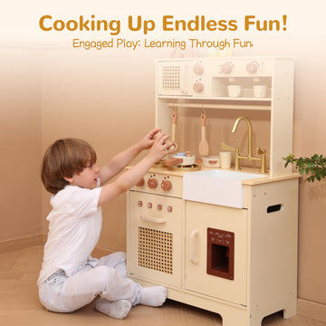 Play Kitchen For Kids, Wooden Play Kitchen Set With Realistic Features, Small Play Kitchen Toy Designed Ideal For Toddlers, For