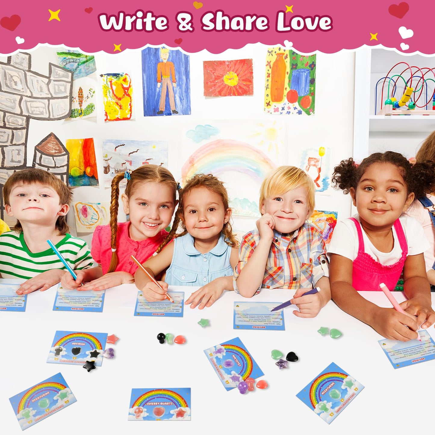 JOYPRO Valentines Day Gifts for Kids, 24 Pack Valentines Cards Goodie Bags with 24 Pcs Stones Bulk, Valentine Exchange Gifts Par