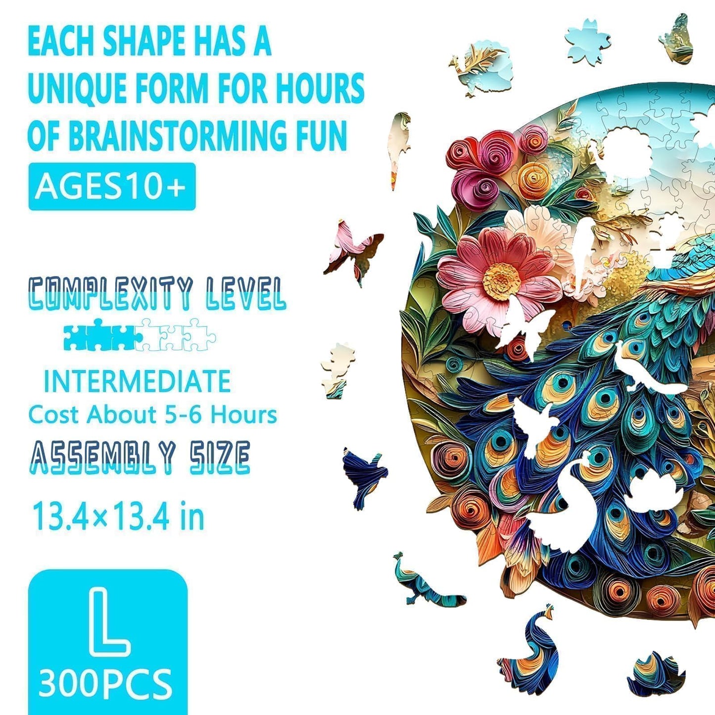 Wooden Puzzles for mature-themeds - Peacock Puzzle 300 Pieces  Flat Puzzle with 3D Visual Effect  Unique Shape Wood Puzzles mature-themed  Paper Sculpture Modern Art Home Decor  Good Gift Idea (L-13.4 * 13.4in)