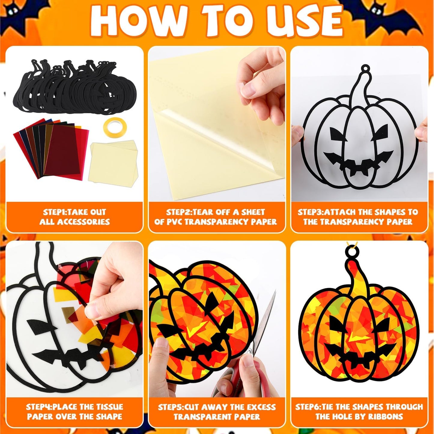 32 Sets Fall Halloween Pumpkin Suncatchers Craft Kit DIY Window Stained Glass Effect Halloween Pumpkin Paper Craft Home School C