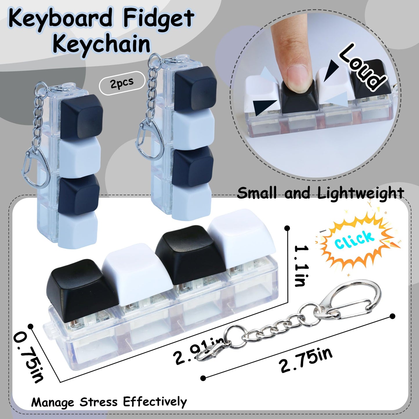 2 Psc Keyboard Fidget Toy  Keyboard Fidget Keychain 4-in-1 Keyboard Decompression Button Finger Clicker Toys  Button Stress Relief Fidget Gifts for mature-themed to Relief Stress (Black+White)