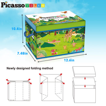 Picassotiles Foldable Toy Storage Chest Box Forest Animal Theme Magnet Tile Organization Bin With Lid And Handles Magnetic Tiles