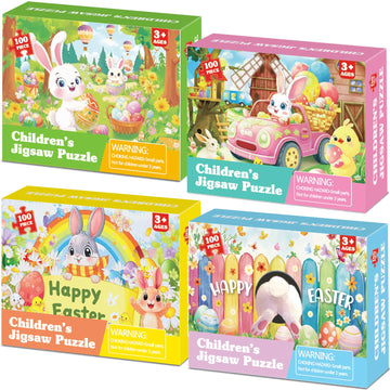4 Packs 100Pcs Easter Puzzles for Kids Age 4-6 Easter Gifts Happy Easter Bunny Egg Rabbit Jigsaw Puzzle Easter Party Supplies Sp