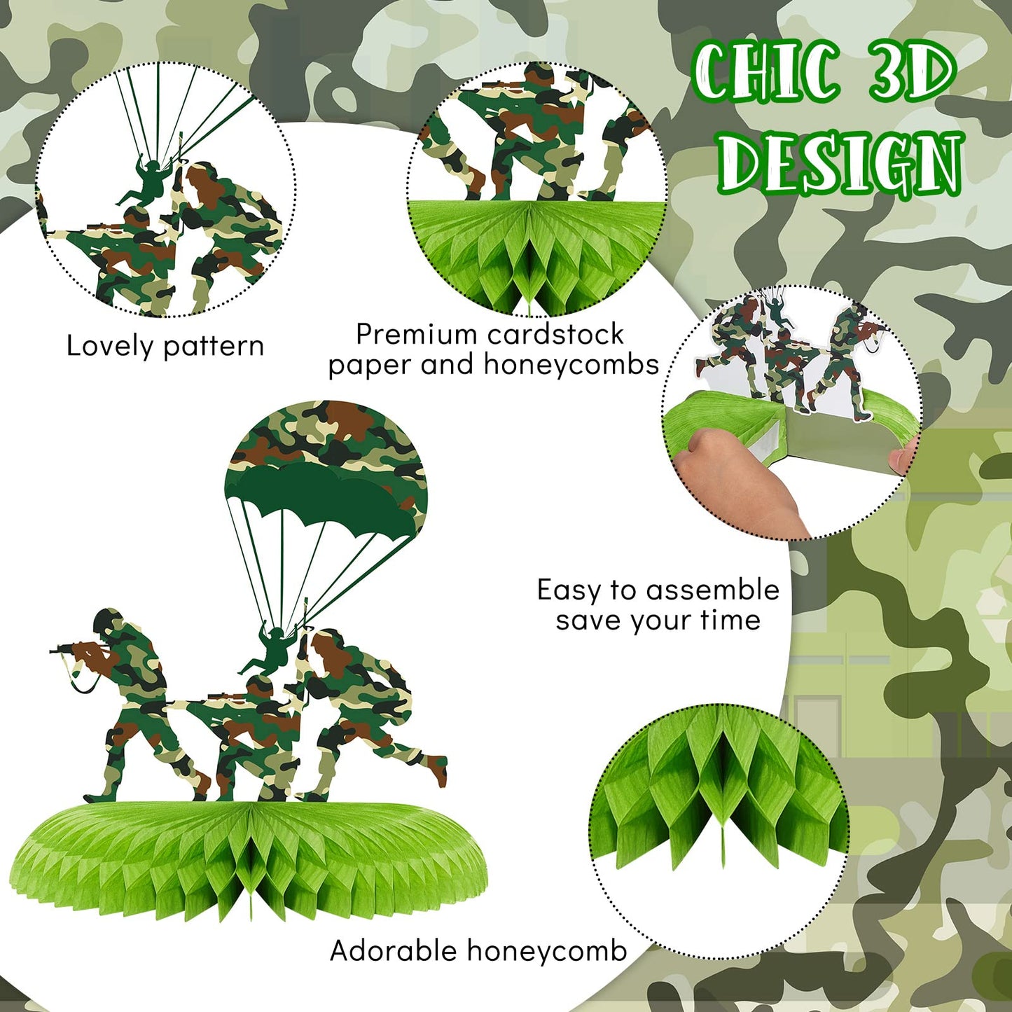 9 Pieces Army Party Decorations Camouflage Birthday Party Decorations Military Honeycomb Centerpieces for Tables Decorations for
