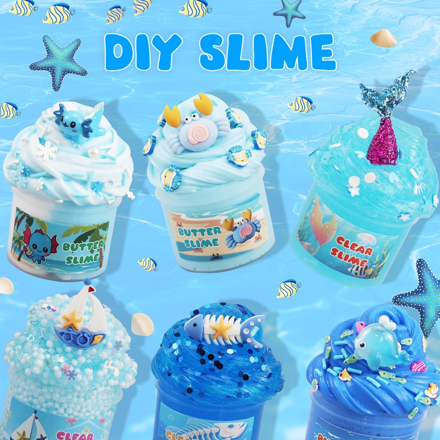 NEWCHEN 6-Pack Blue Slime Kit for Kids, Soft Non-Sticky Butter Slime, Stretchy Party Favors, Ages 3+