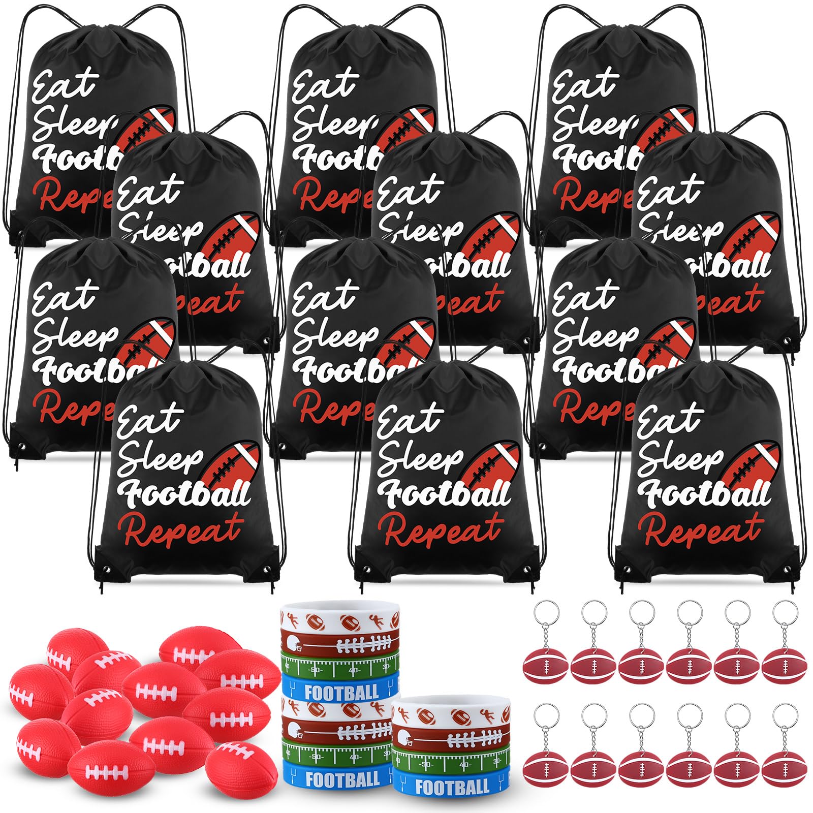 MiniInflat 48 Pcs Football Party Favors for Kids Include 12 Football Drawstring Bags, 12 Football Keychain, 12 Silicone Football