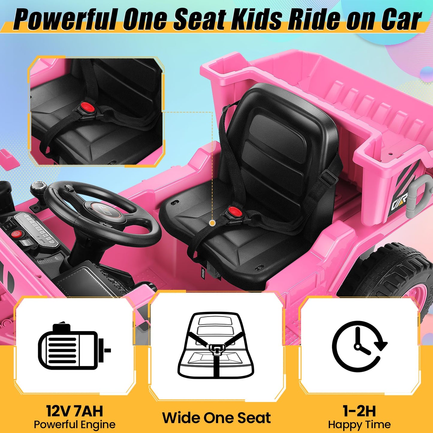 Hikole 12V 4Wd Ride On Dump Truck With Electric Dump Bed, Kids Ride On Cars With Remote Control, Shovel, Led Lights, Music Playe
