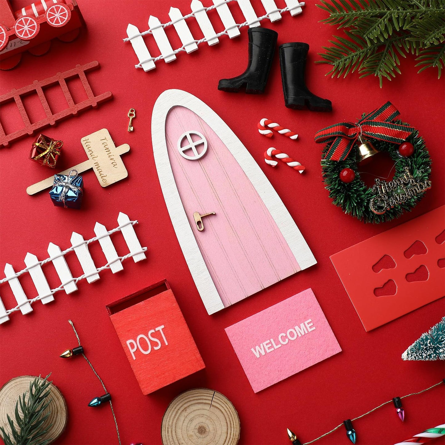 Hungdao 20 Pcs Christmas Elf Fairy Doors Decor Arched Door Fairy Doors Tooth Tiny Xmas Decor Wooden Tiny Miniature For Child (Pink)