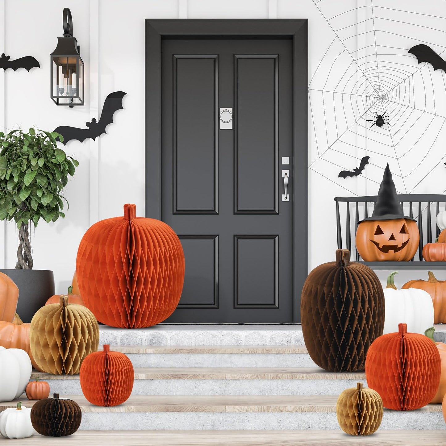 Weekgrat 7 Pcs Extra Large Pumpkin Honeycomb Centerpiece Fall Thanksgiving 3D Thick Paper Honeycomb Pumpkin Reusable Paper Decor