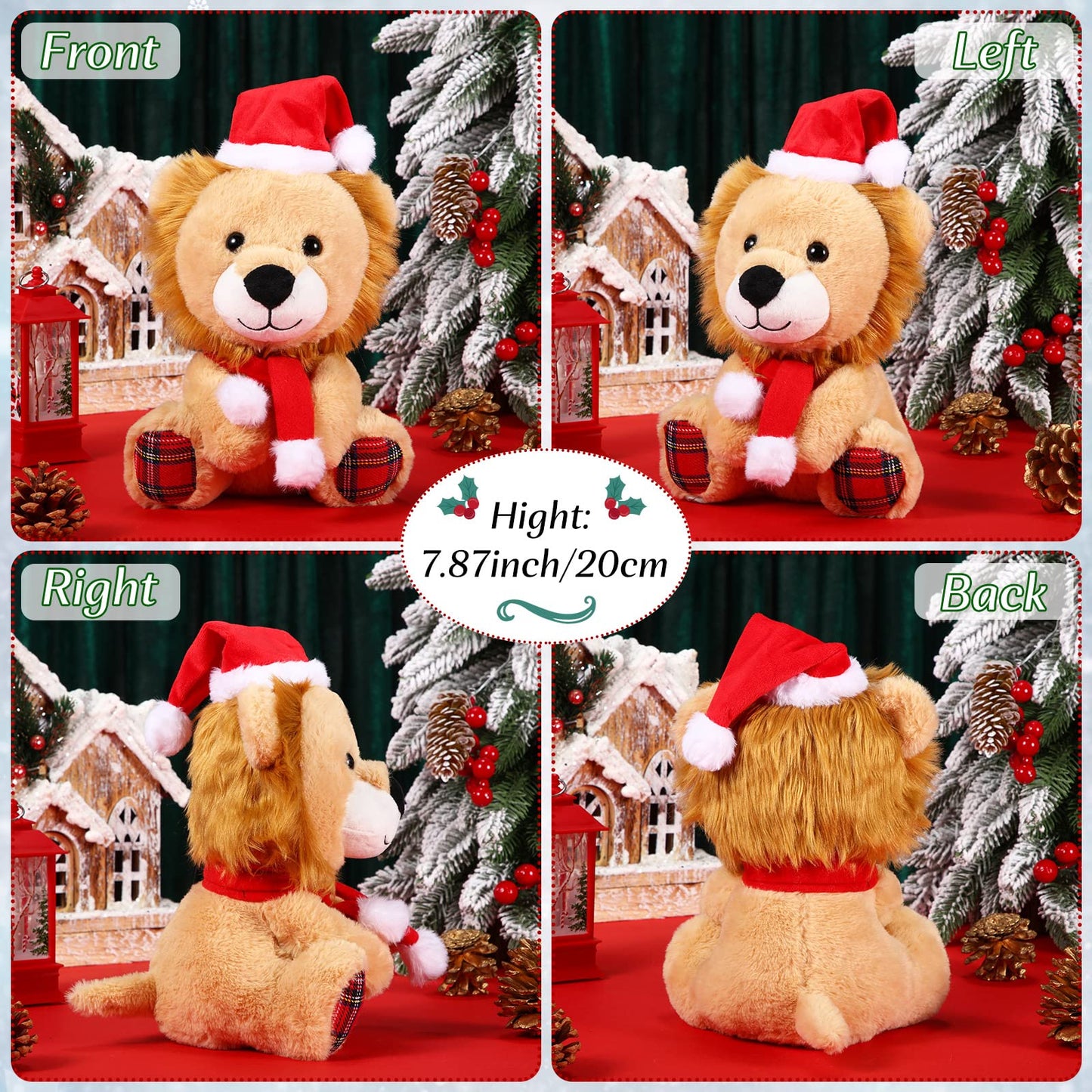 Threan 8 Inch Christmas Stuffed Animal Christmas Plush Doll With Santa Hat For Holiday Decoration Winter Gifts(Lion Style)