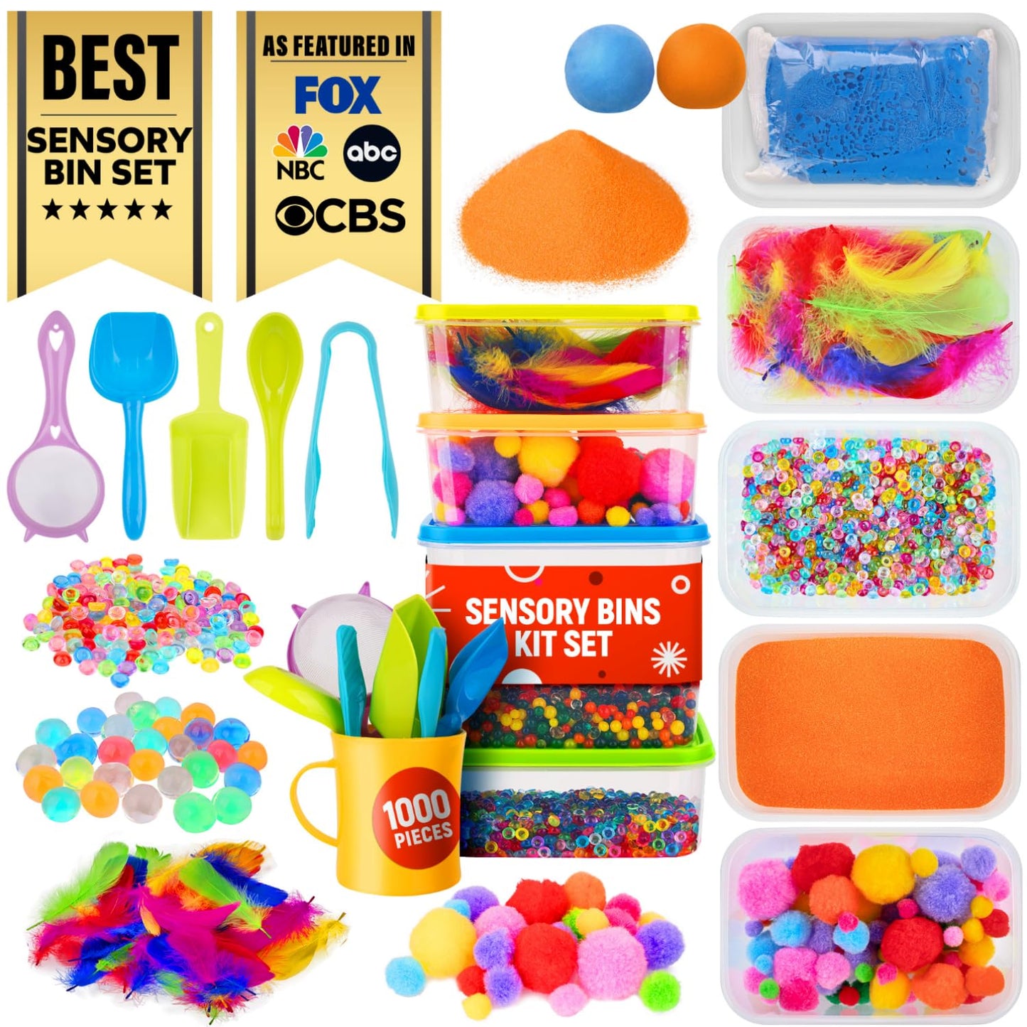 LOLO TOYS Sensory Kit for Toddlers and Kids - Includes 5 Bins with Lids, Play Tools, Sand, Feathers, Clay, Color Beads and Pom P