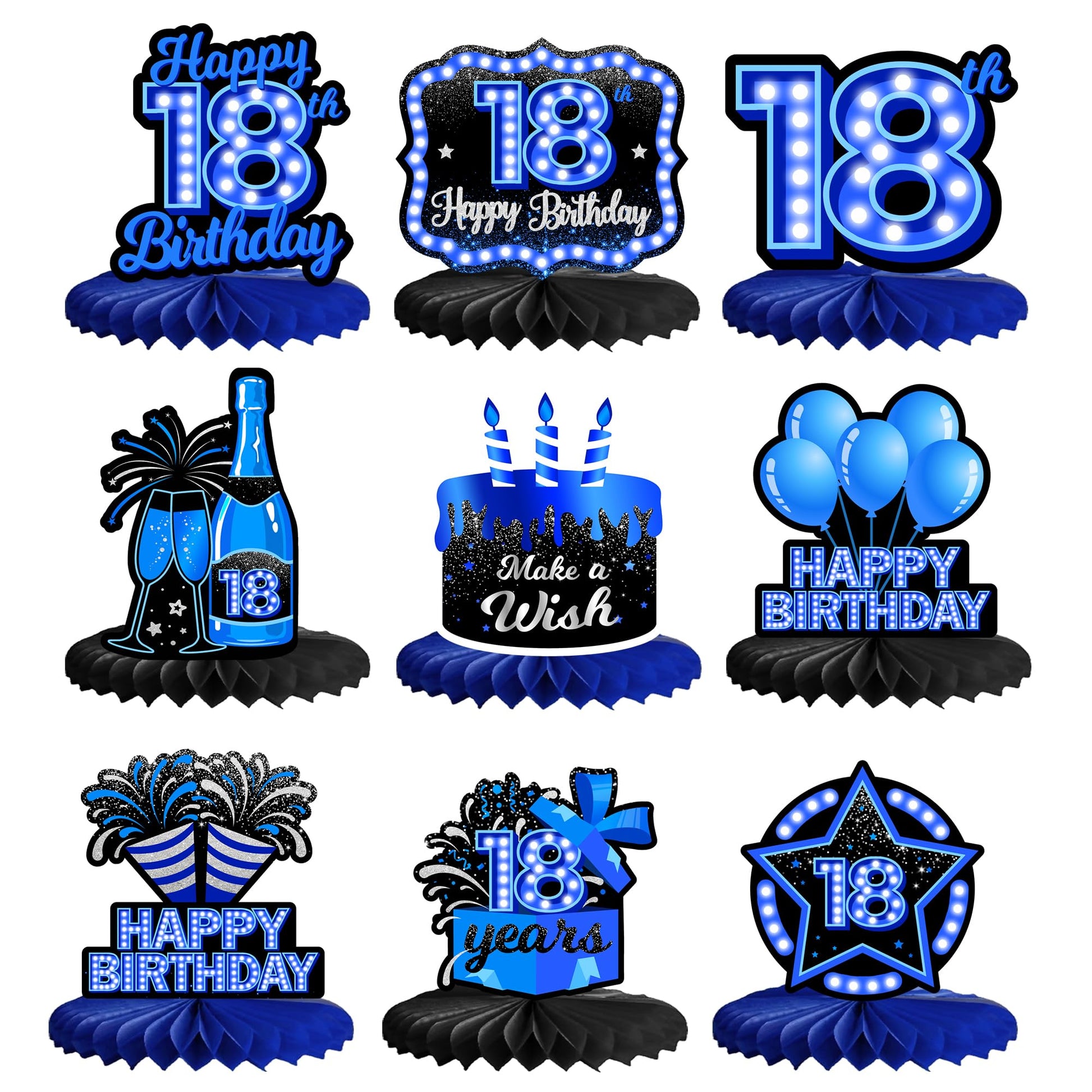Happy 18th Birthday Honeycomb Centerpieces 9Pcs Stylish Sophisticated Blue Neon Theme Table Decor for Boys Girls Birthday Party 
