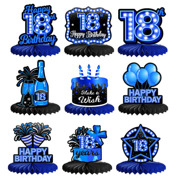 Happy 18th Birthday Honeycomb Centerpieces 9Pcs Stylish Sophisticated Blue Neon Theme Table Decor for Boys Girls Birthday Party 