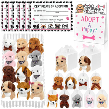 Jiytivity 38 Pcs Adopt A Puppy Favors Include 12 Foldable Puppy Boxes 12 Mini Dog Stuffed 12 Adopt Cards 1 Adopt Sign1 Fence For