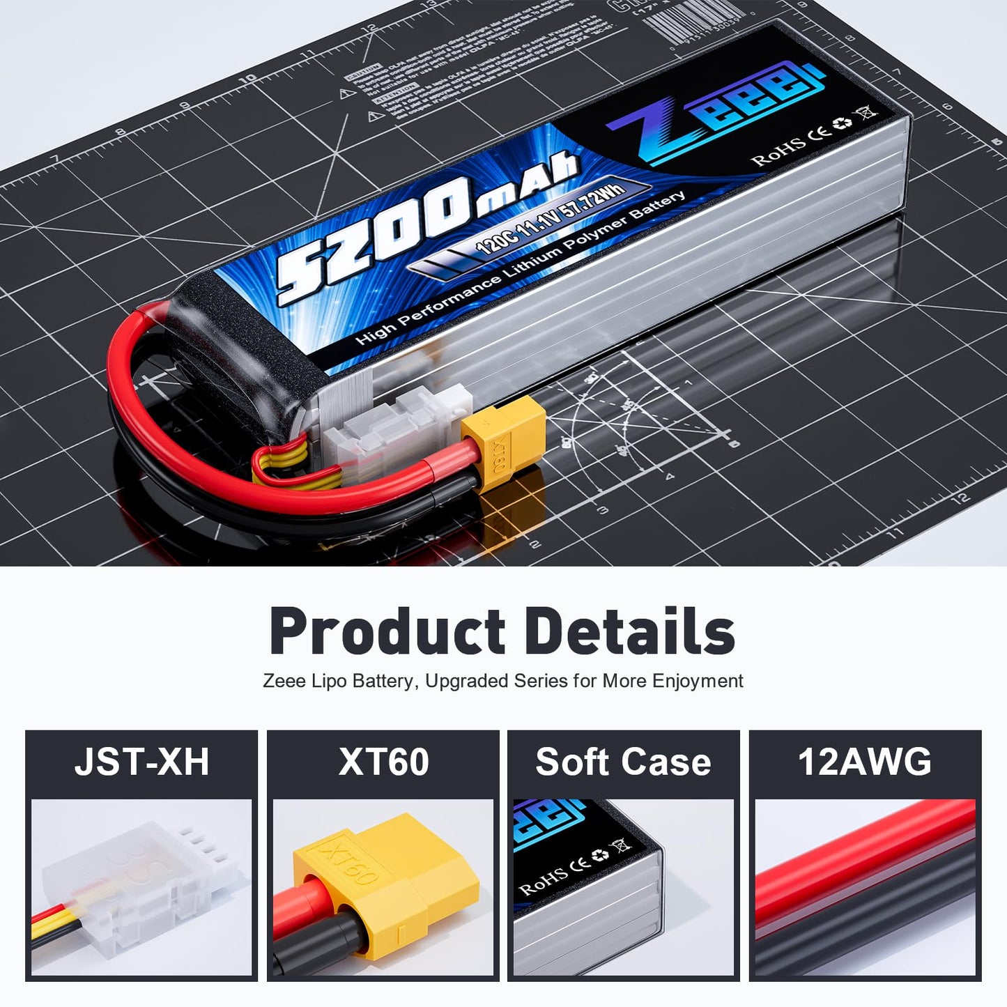 Zeee 3S Lipo Battery 5200mAh 120C 11.1V RC Soft Pack Battery with XT60 Connector for RC Car Truck Airplane Helicopter Plane Quad