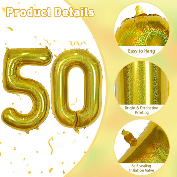 50 Year Old Birthday Balloons, Self Inflating Globos Dorados Giant Number 50 Balloons For Women, Laser Gold Iridescent 40 Inch 5