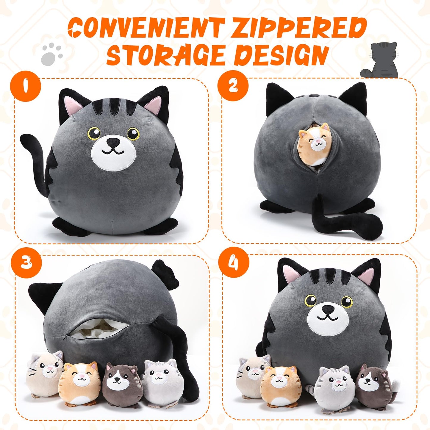 Namalu 5 Pcs Cat With Kitten Stuffed Animals Bulk, 12 Inch Large Black And Grey Cat Pillow Plush With 4 Kittens Inside Cute Plus
