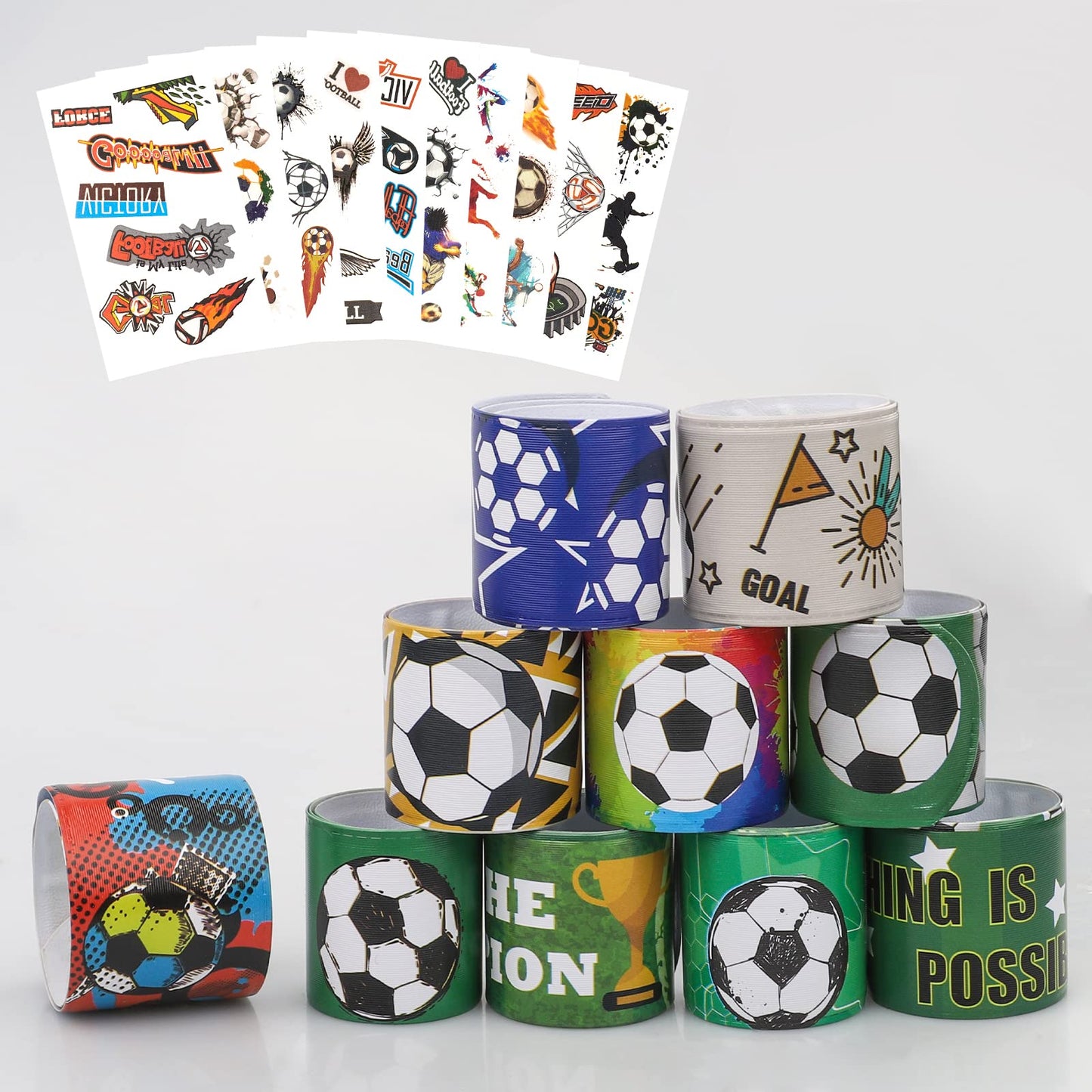 30Pcs Soccer Slap Bracelets Party Favors with Soccer Tattoo Birthday Gifts Soccer Party Decorations Snap Band for Kids Boys