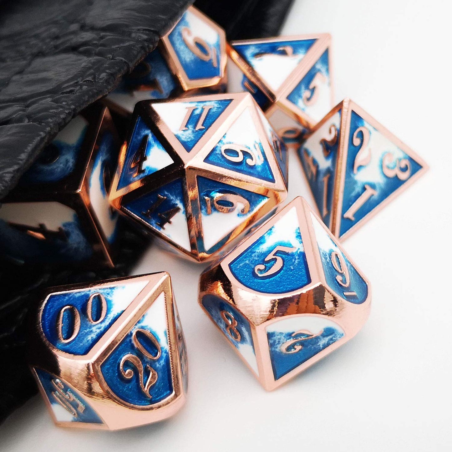 Haxtec Metal DND Dice Set Copper Blue White D&D Dice with Leather Dice Bag for Dungeons and Dragons RPG-Ice Dragon Bait