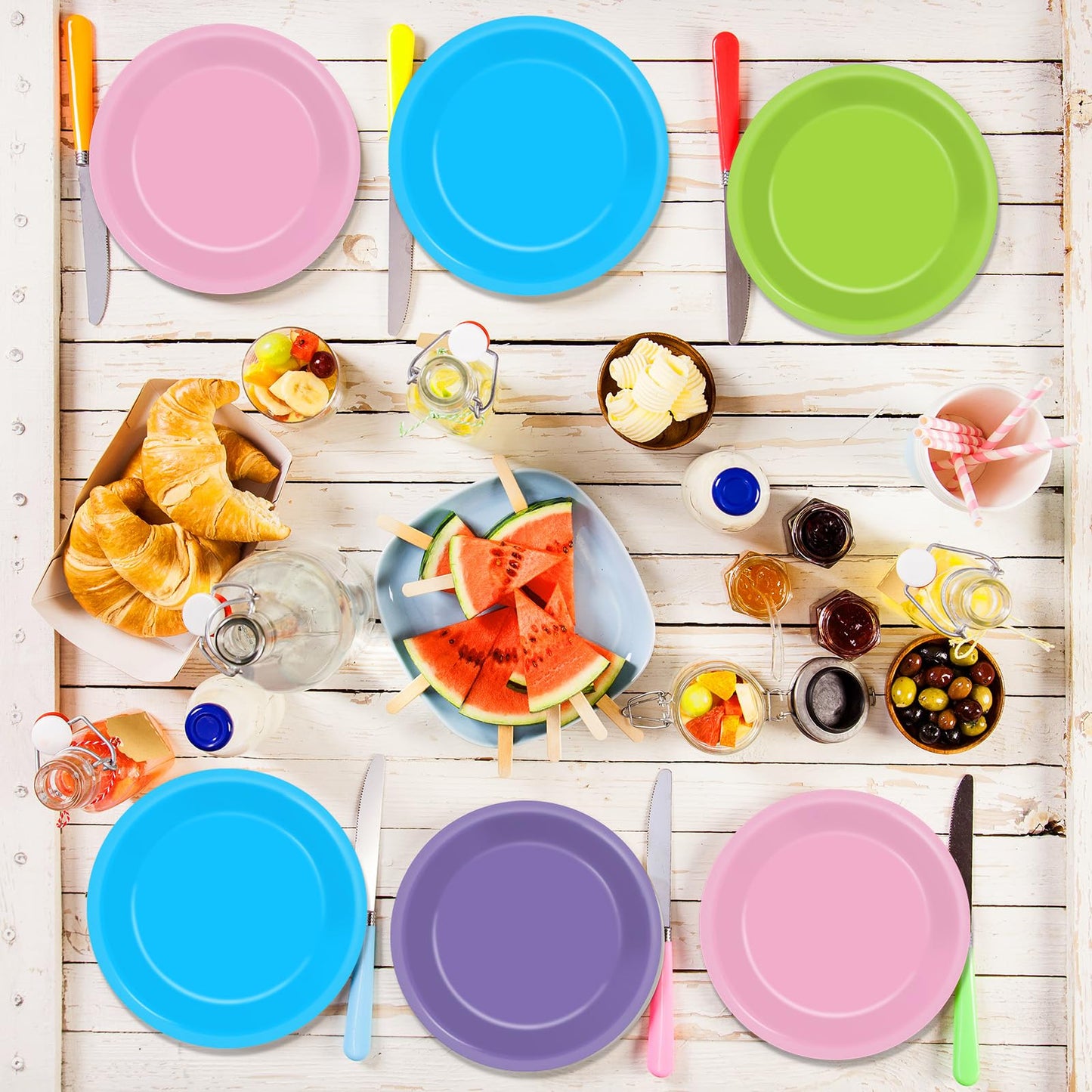 48PCS Monster Birthday Party Paper Plates for Monster Themed Party Supplies 7   Pink Purple Blue Green Cartoon Disposable Desser