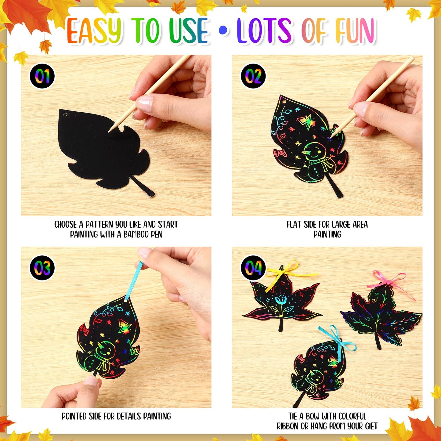 Qilery 120 Pcs Fall Thanksgiving Craft Art Activities Autumn Magic Leaves Scratch Paper Harvest Colorful Rainbow Leaf Scratch Ki