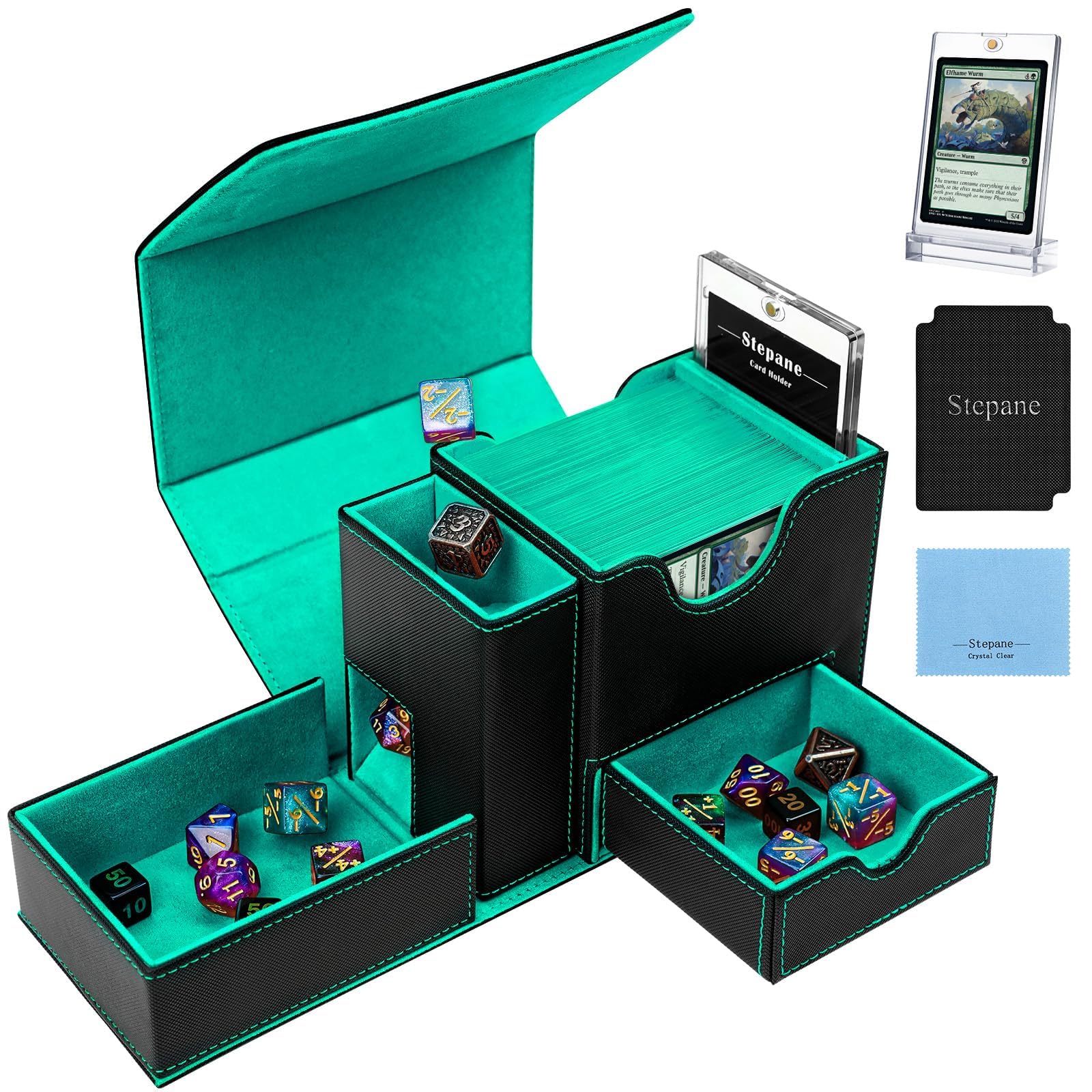 Stepane Mtg Commander Deck Box 2-In-1 Dice Tray & Card Tower 120+ Single-Sleeved Premium Leather Magnetic Box For Tcg/Ccg Cards