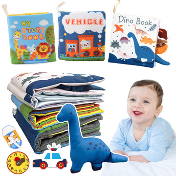 Richgv Baby Books Toys 0-6-12 Months, 3Pcs Baby Valentines Gifts,Touch And Feel Crinkle Books With Dino Doll, Newborn Infant Car