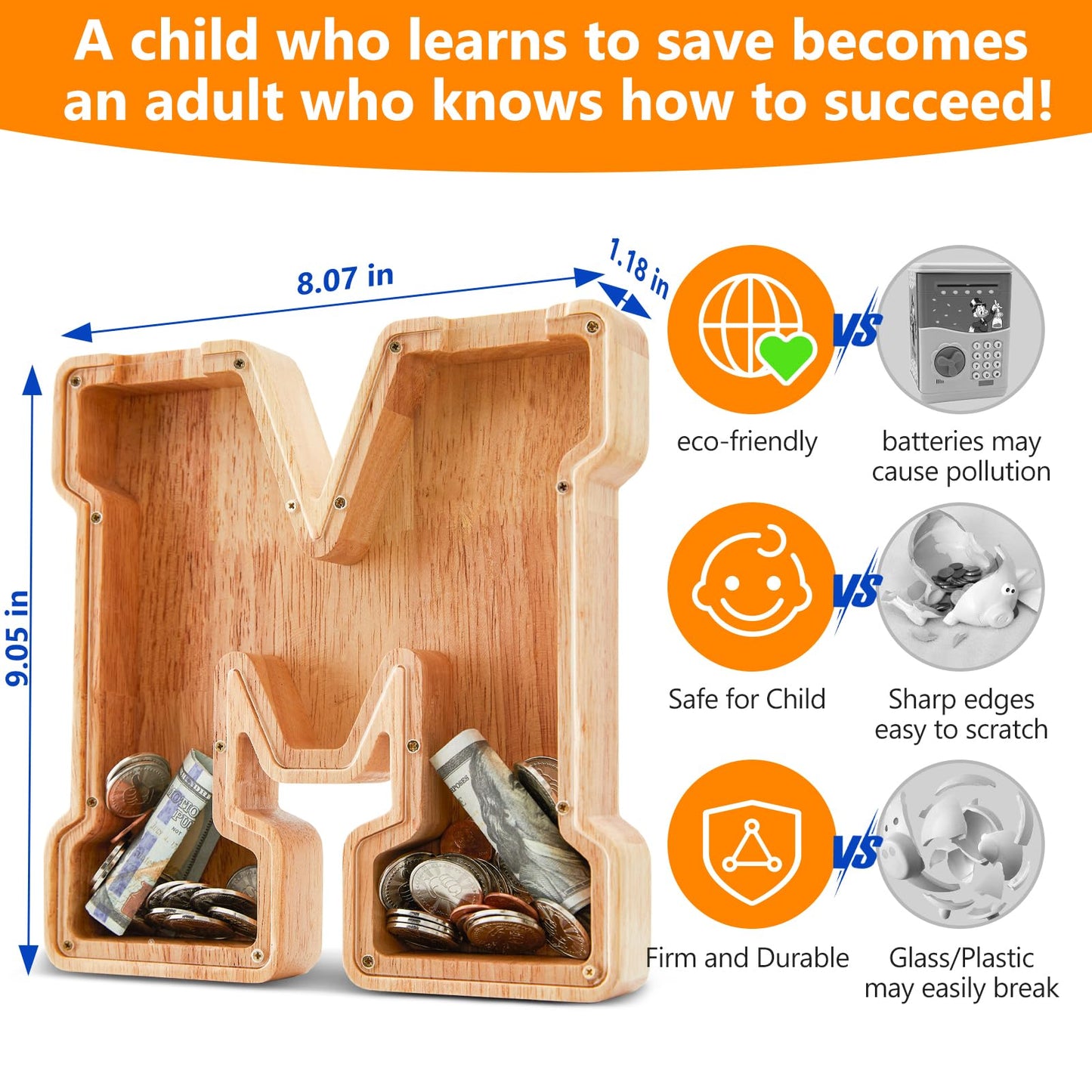 Wooden Letter Piggy Bank for Kids  Initial Coin Bank for Boys and Girls  First Name Personalized Savings Bank for Birthday Boys Girls Gift Piggy Bank for Kids (Wood  S9-M)