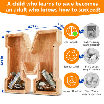 Wooden Letter Piggy Bank for Kids  Initial Coin Bank for Boys and Girls  First Name Personalized Savings Bank for Birthday Boys Girls Gift Piggy Bank for Kids (Wood  S9-M)