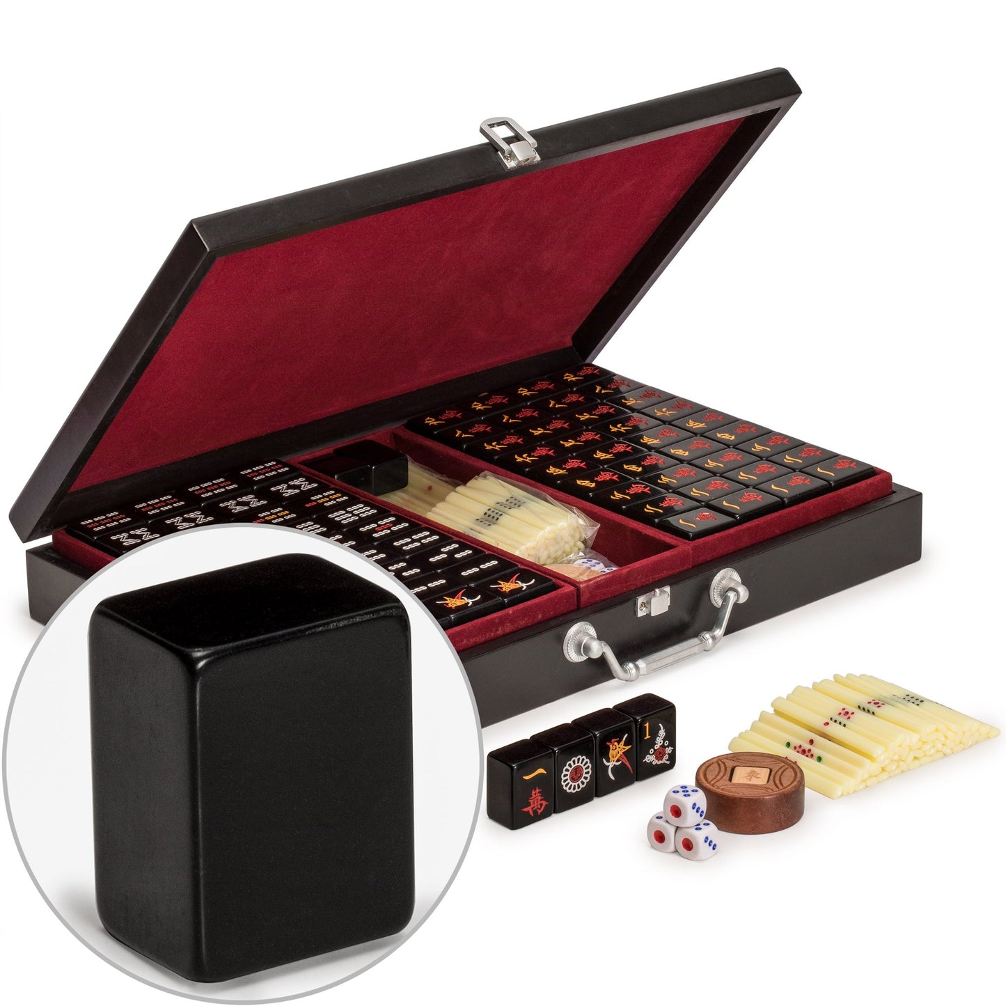 Yellow Mountain Imports Mahjong Game Set - Black Acrylic Tiles, Wooden Case, Model US-CM001-C, Small Size 1.3" x 0.9" x 0.7"