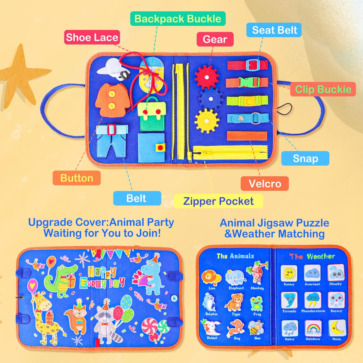 Besnel Busy Board For Toddlers 2-4,Busy Book For Toddlers 1-3,Preschool Educational Activity Sensory Board For Learning Fine Motor Skills,Zipper Board For Toddlers 1-3,Gifts For Boys Girls