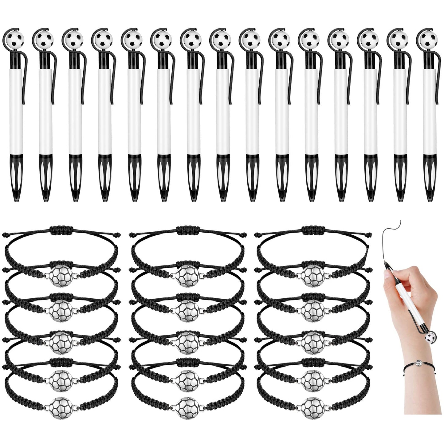 Sabary 30 Pcs Sport Theme Party Favors Set, 15 Pcs Soccer Pens 15 Pcs Soccer Theme Bracelets Ballpoint Pens Adjustable Bracelet