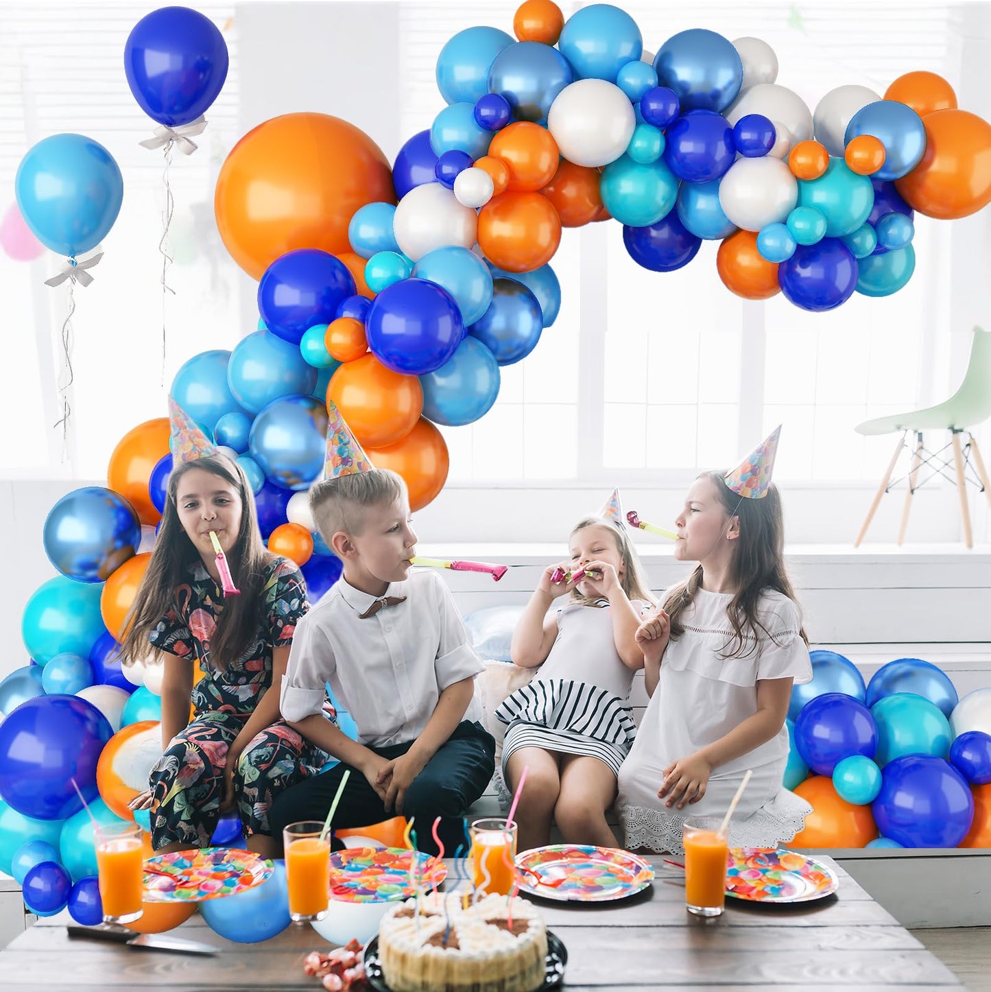 Blue And Orange Balloon Garland Arch Kit, Klein Navy Light Blue Teal Orange White Metallic Under The Sea Balloon Arch Kit For Bo