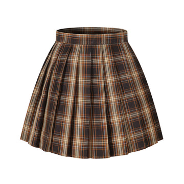 Womens Short Pleated Plaid Costumes Skirt(Dark Brown Mixed White,2XL)