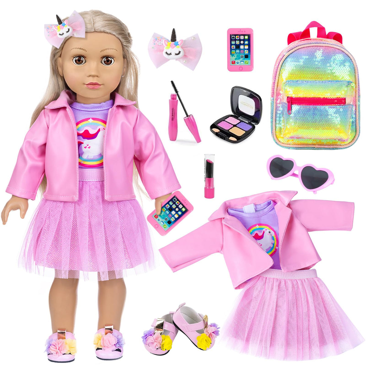ZNTWEI American 18 Inch Doll Makeup Accessories and Clothes Sunglasses Phone Eye Shadow Lipstick Blusher Hair Clip Backpack Doll