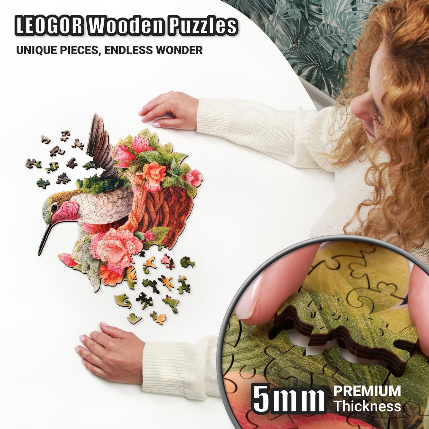 Glorious Hummingbird - 200 Piece Wooden Puzzles for mature-themeds - 13.5 x 11.3 in - Extra-Thick 5 mm Wood Puzzle  Hand-Drawn Pieces  Bird-Shaped XL Mosaic Design - enhanced Gift for Puzzle Lovers by LEOGOR