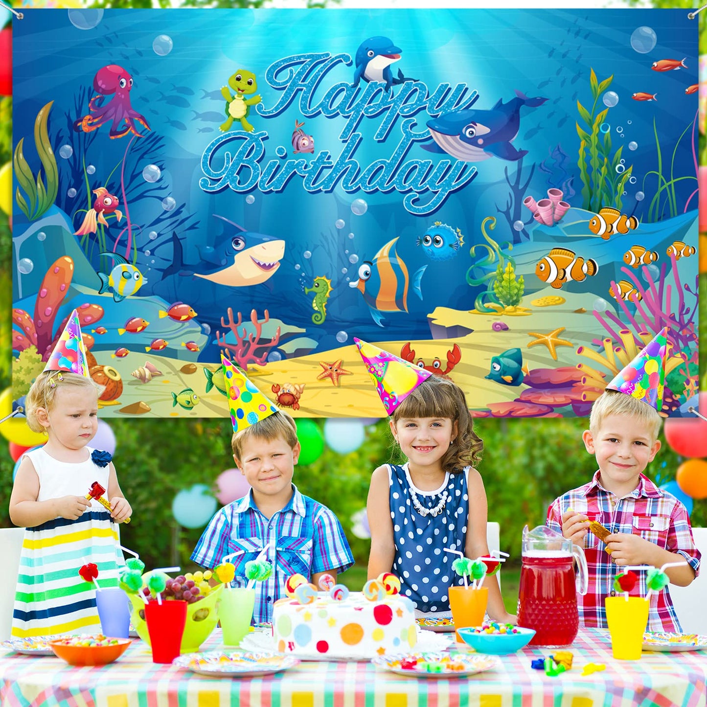 Under The Sea Birthday Banner Ocean Animal Party Decorations Birthday Photo Backdrop Background Dolphin Shark Underwater Decorat